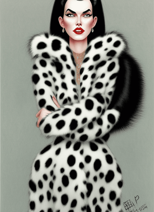 AI generated: evil tall thin woman with skunk stripe hair in a dalmatian fur coat by Bill Peet and Marc Davis