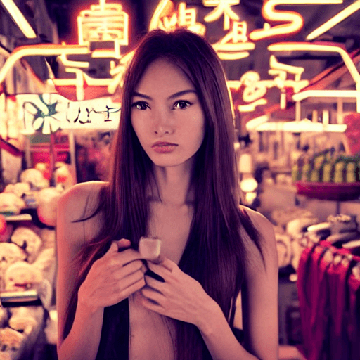 AI generated: realistic close portrait of very beautiful girl, a young supermodel girl, asian market backgroud, sh...