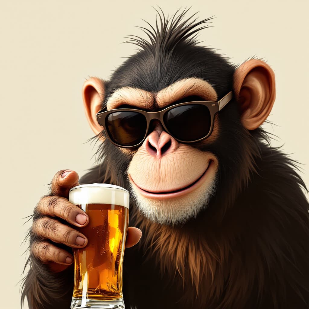 AI generated: A smiley monkey with dark glasses and a beer in hand pointing towards the camera