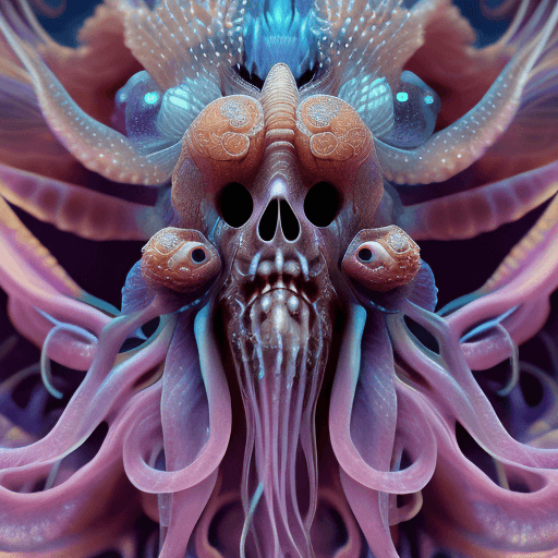 AI generated: Goddess close-up portrait ribcagel. jellyfish phoenix head, nautilus, orchid, skull, betta fish, bio...