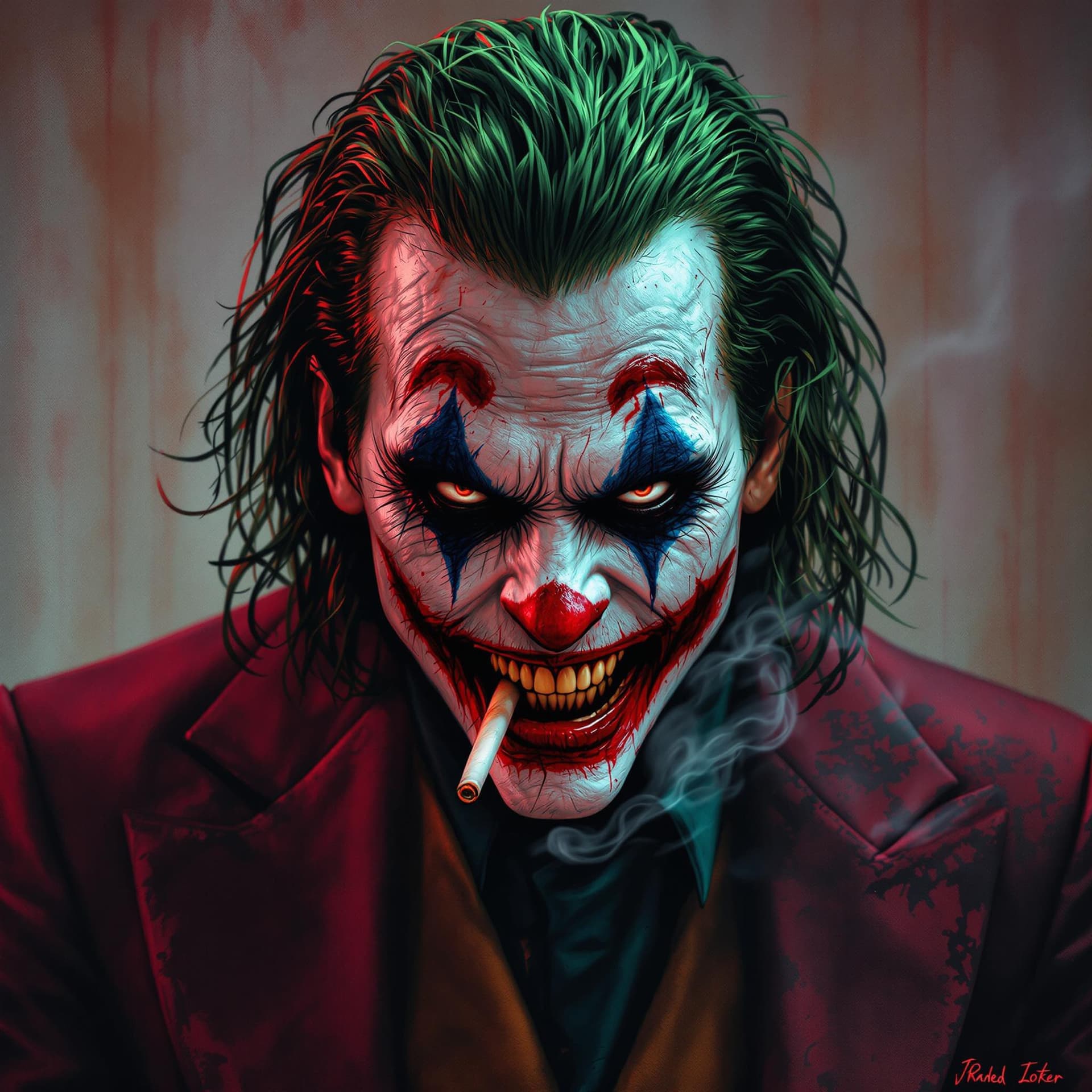 AI generated: Jared Leto's Joker in a horror movie is scary and crazy. Colorful punk style, brutal, cool, gangster...
