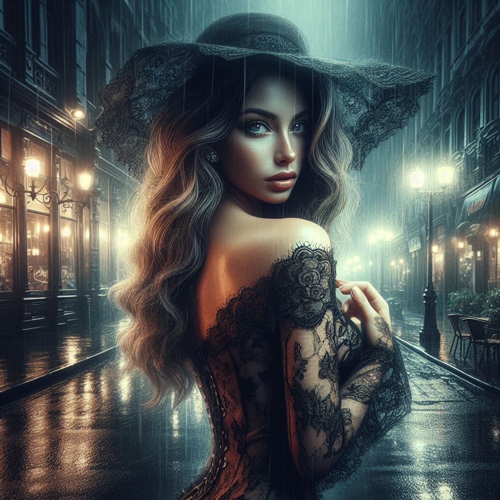 AI generated: Digital painting meets analog film, a stunning pretty shy woman posing in the street, lace clothes, ...