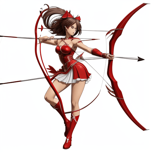 AI generated: Full-body mixed-race anime woman with a bow  and arrow, a red outfit with wings on a white backgroun...