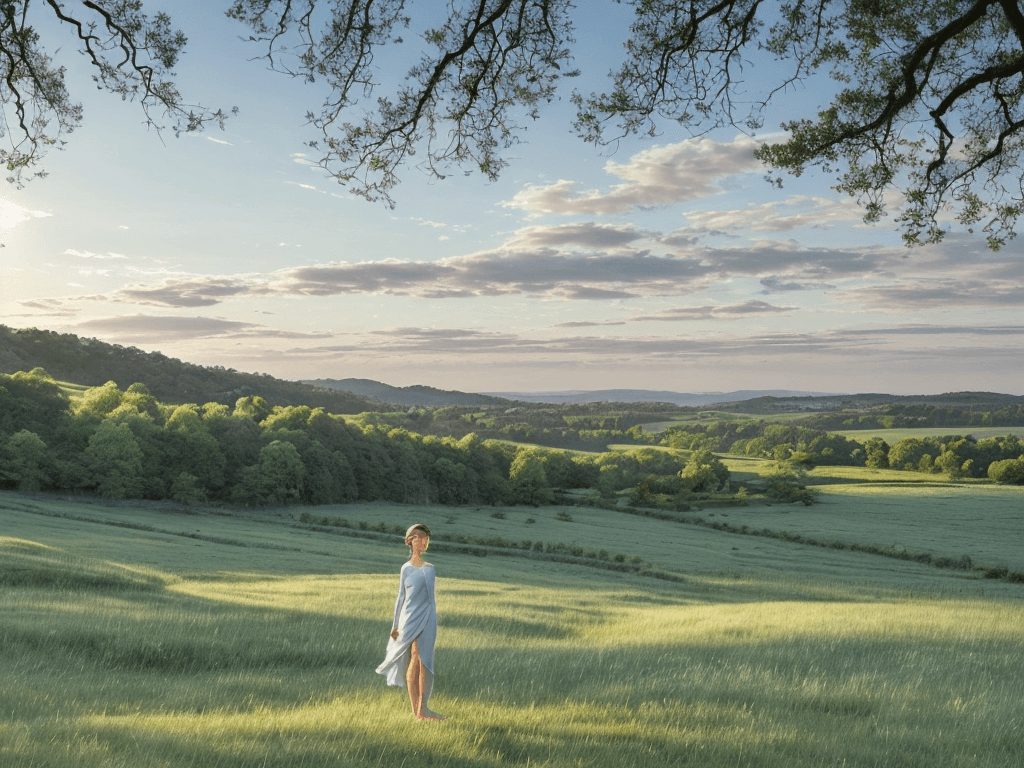 AI generated: The background is a picturesque landscape with rolling hills, trees, and a body of water in the dist...