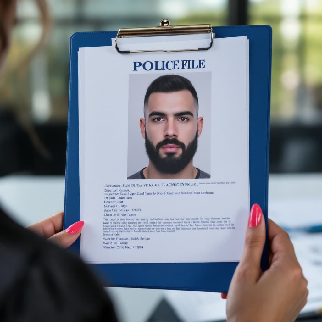 AI generated: a police file containing a photo of a caucasian man, short burst-taper dark hair and short trimmed b...