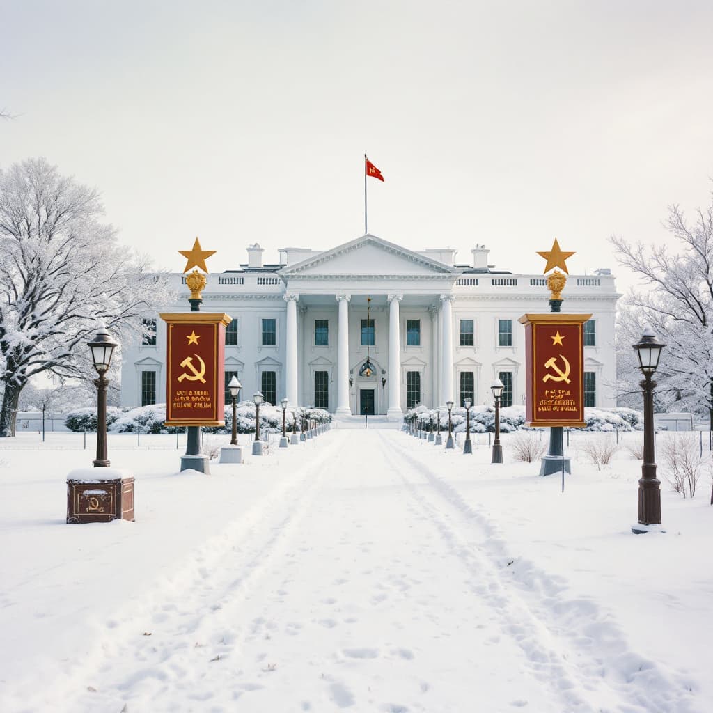 AI generated: the white house covered under communist symbols.