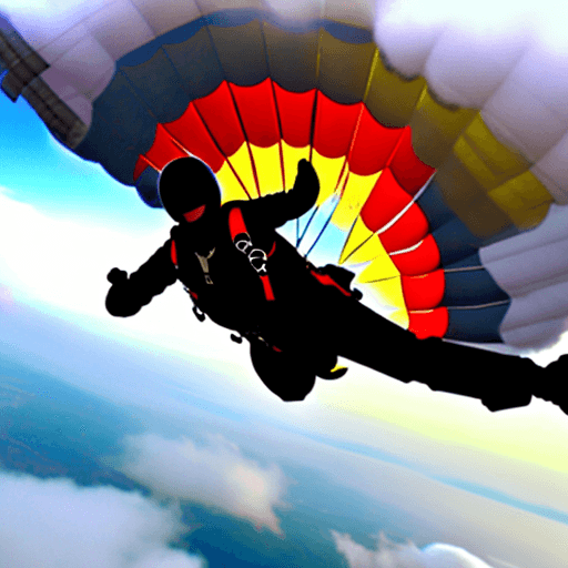 AI generated: Skydiver with parachute, falling through the clouds