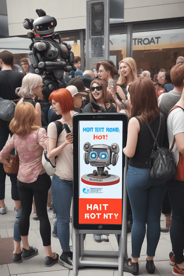 AI generated: A funny cartoon robot standing left of an eye-catching sign that says: 'HOT Coin - Free Entry!'
A di...