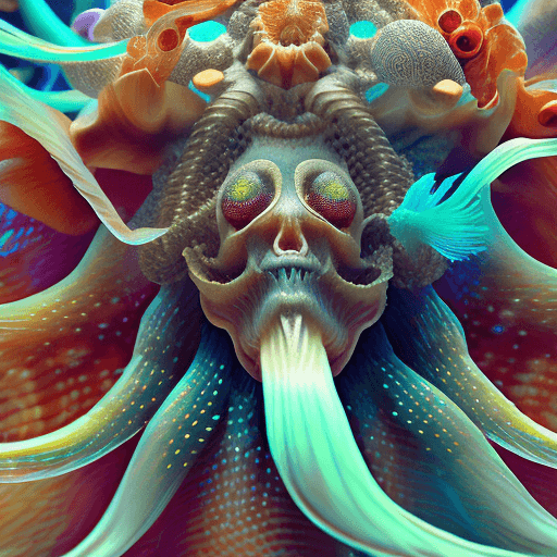 AI generated: Goddess close-up portrait ribcagel. jellyfish phoenix head, nautilus, orchid, skull, betta fish, bio...