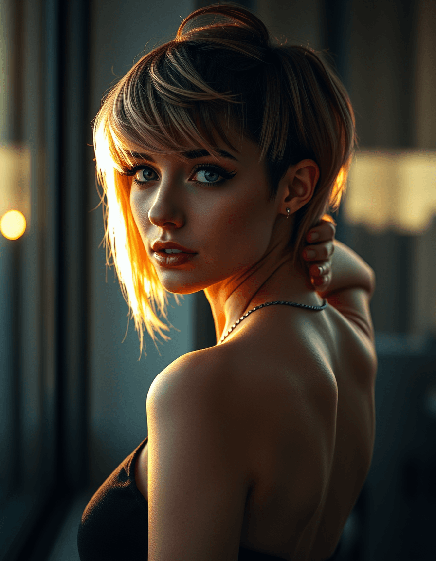 AI generated: portrait photo of a stylish beautiful girl, asymmetric hair cut, cyberpunk aestethic, heavenly beaut...