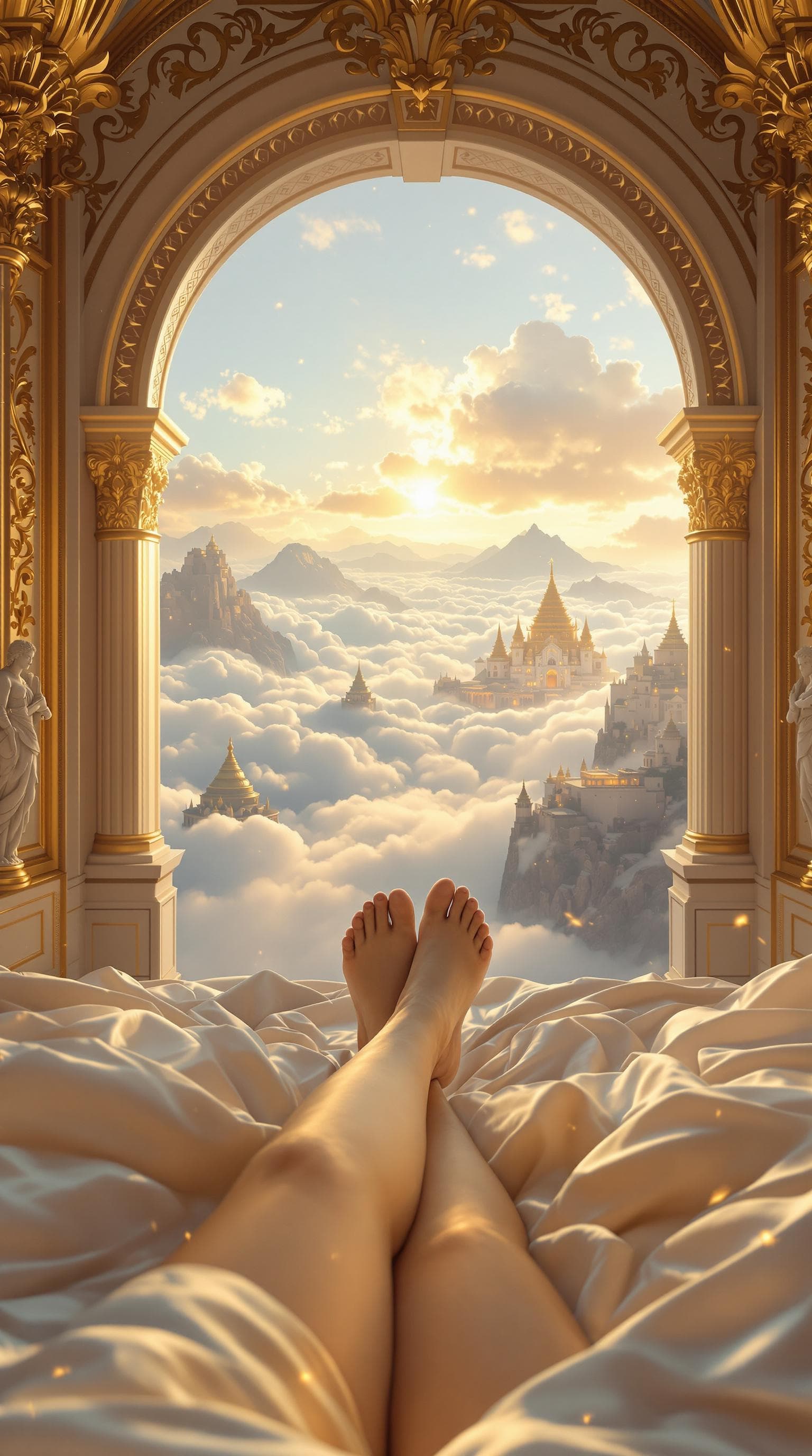 AI generated: "Create a first-person perspective cinematic scene of waking up in heaven. The camera starts with a ...