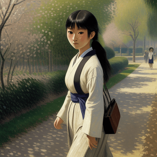 AI generated: High resolution.. A beautiful young Japanese student female walking in Camille Pissarro style. Pissa...