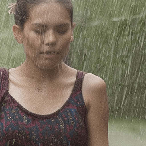 AI generated: A beautiful lady dancing in heavy rain, face and body are wet, messy bun hair  32k UHD, highly detai...