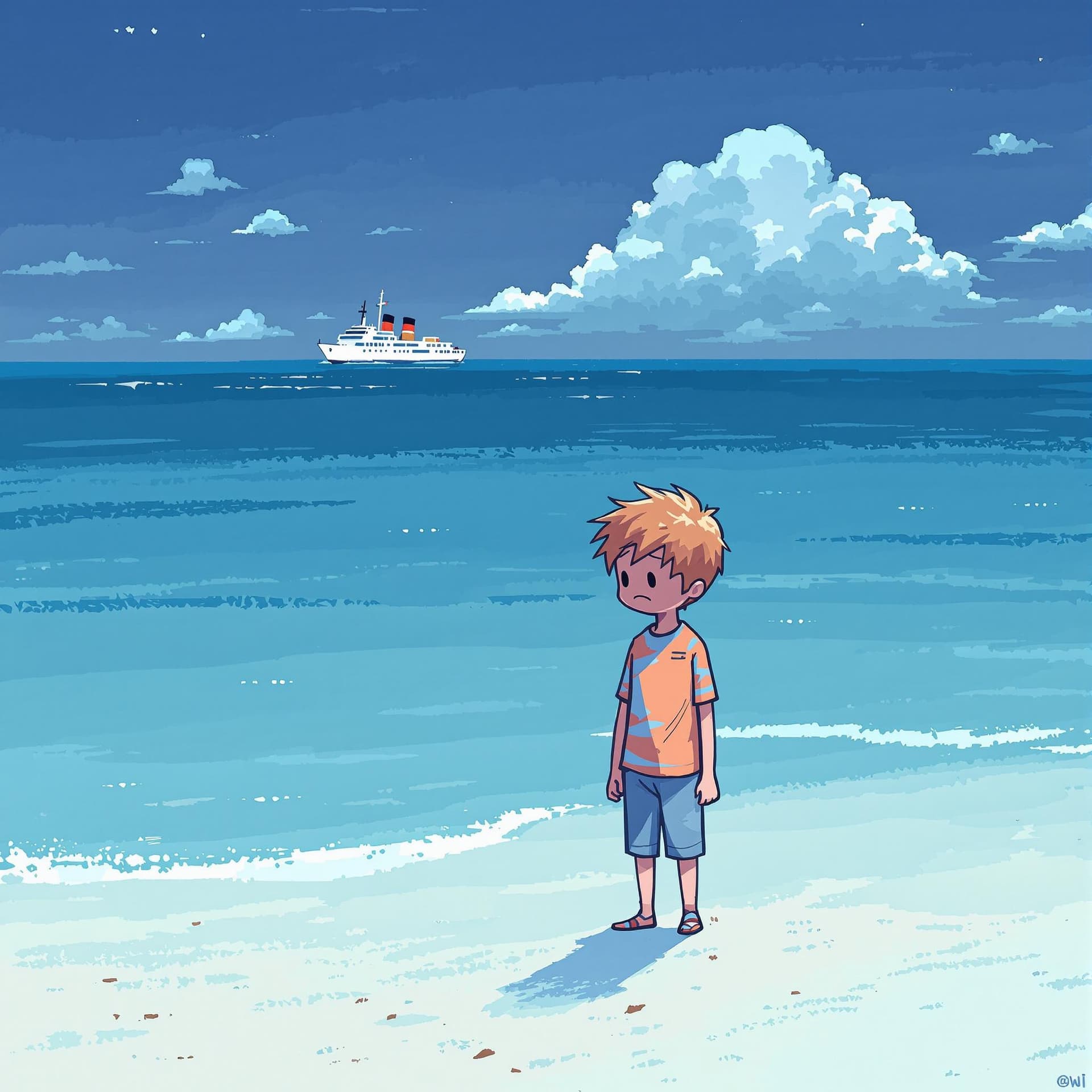 AI generated: A small boy, standing along on a beach. He looks sad and lonely. In the distance a ship sails by.