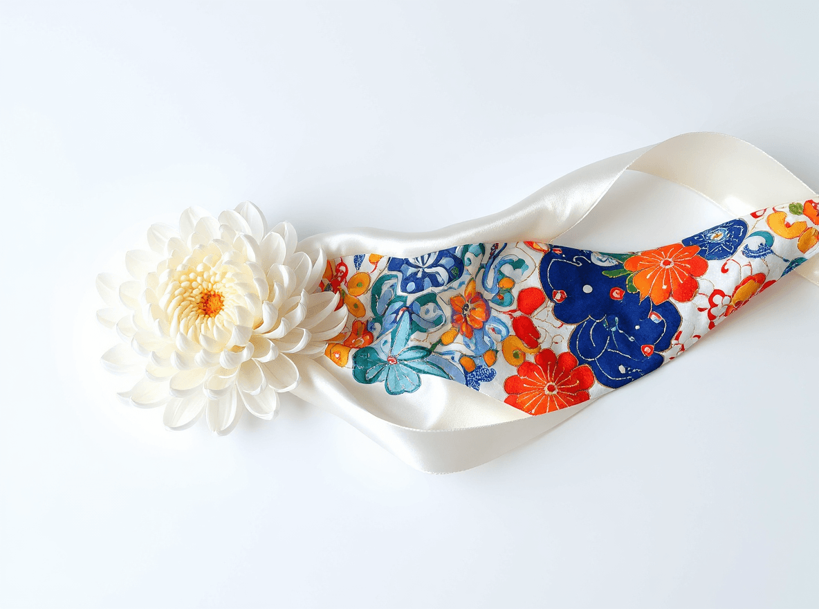 AI generated:  a work of art in glossy satin silk fabric, hyper realistic curly long ribbons, a white chrysanthemu...