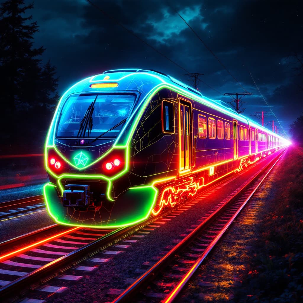 AI generated: Ethereal neon outline of speedrail train, train made up of deceased animal spirits in pale neon acti...