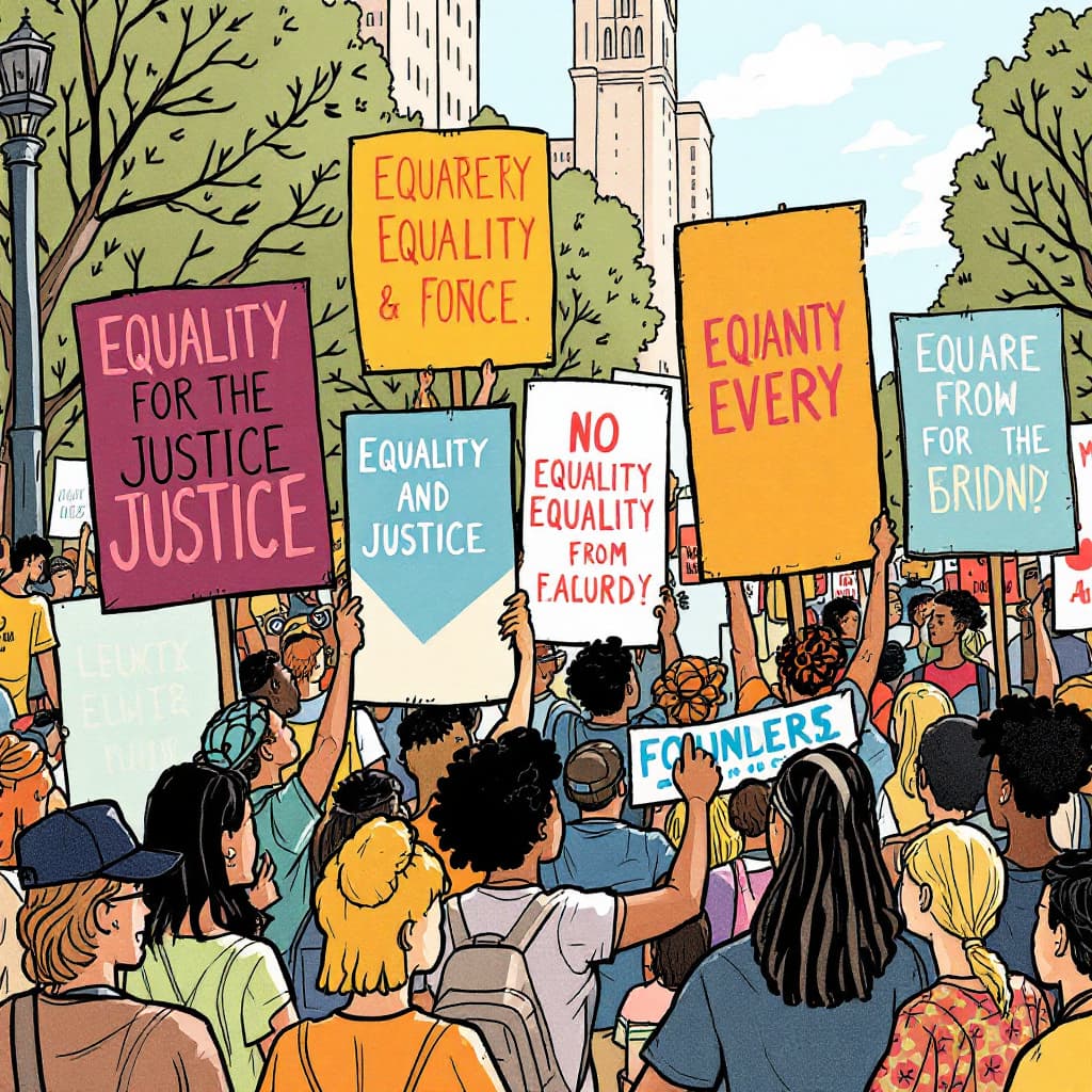 AI generated: 20240728153957list 2 Lofi illustration of a community rally with people holding 6 big posters advoca...