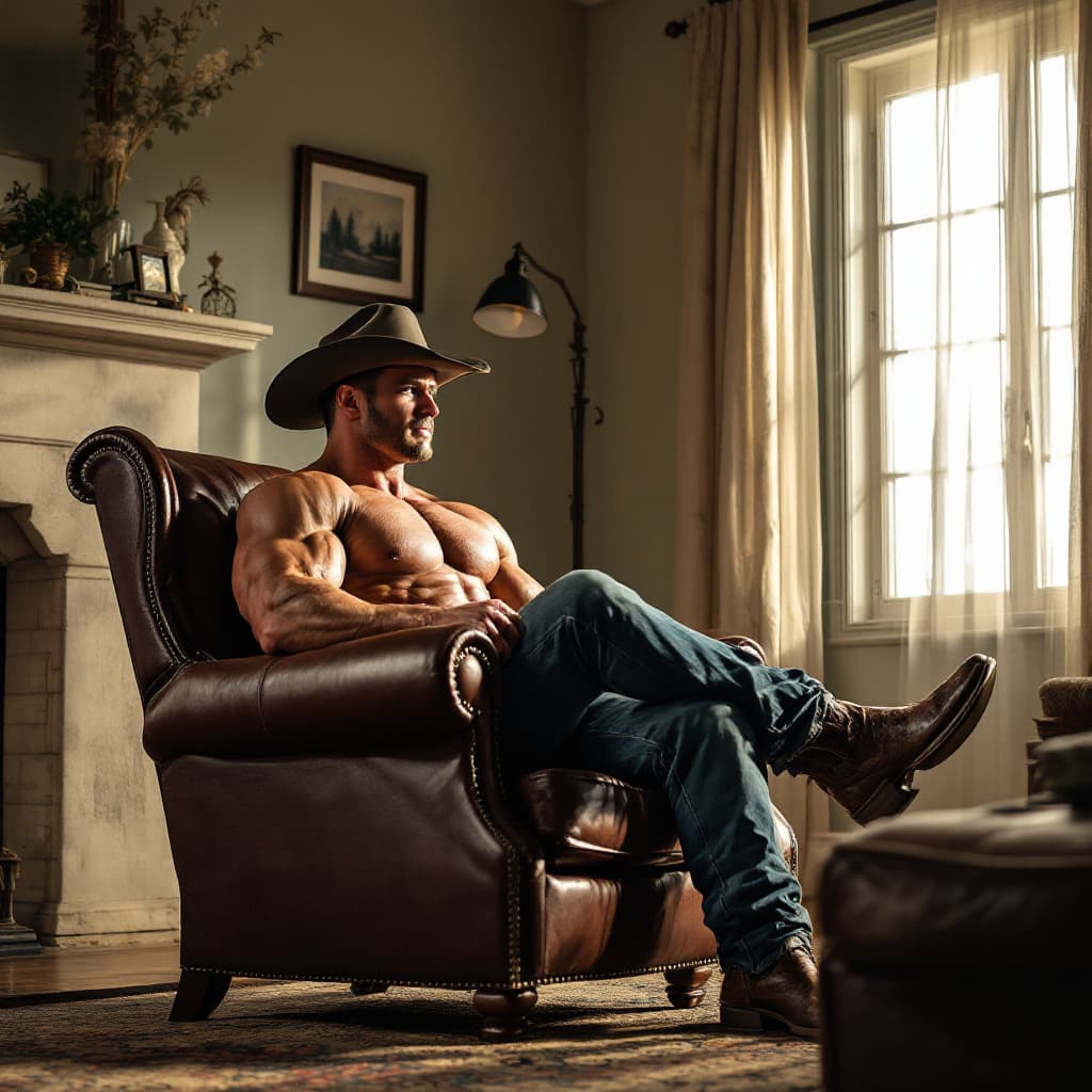 AI generated: Looking across the room at a cowboy sitting in a brown leather chair looking at me bodybuilder, flex...