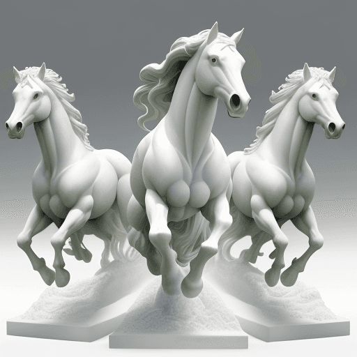 AI generated: A trio of horses, sculpted in stark white, gallop across a textured, undulating surface. Their muscl...
