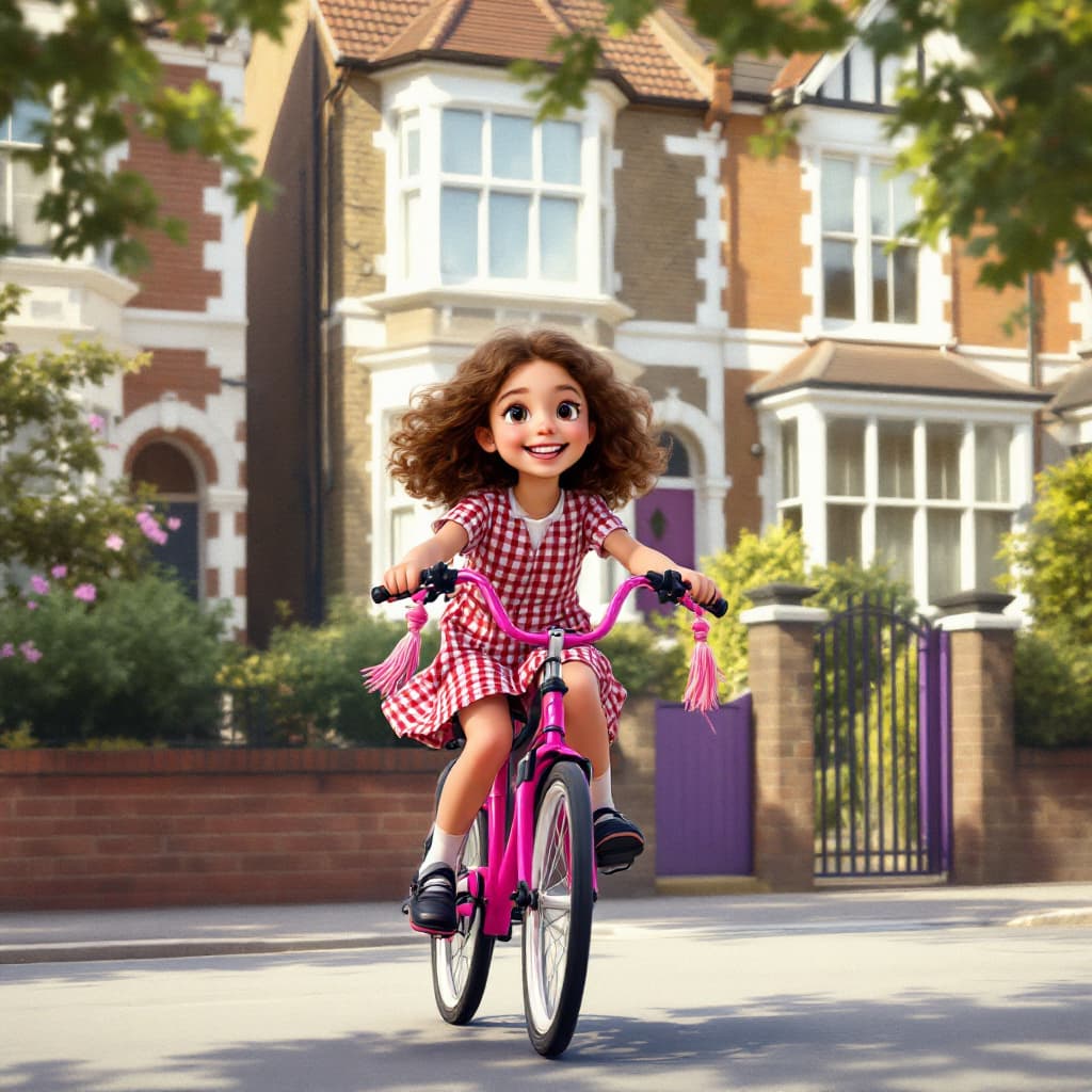 AI generated: Create a realistic image of a young girl riding a pink bicycle on a suburban street. The girl should...