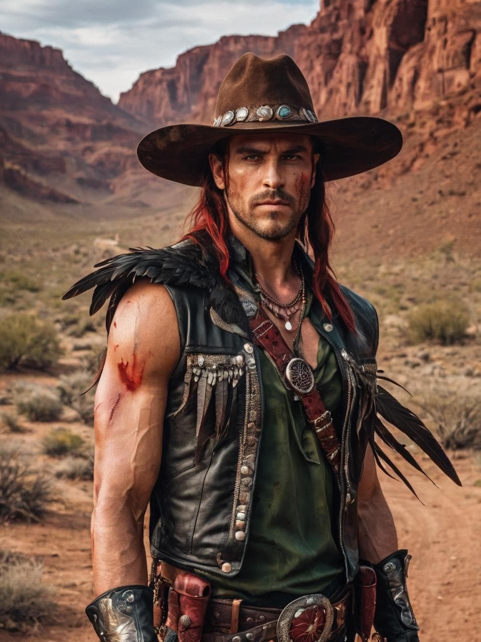 AI generated: A (((photo-realistic portrait))) featuring a (((western-style bounty hunter))) with a (((slight grun...