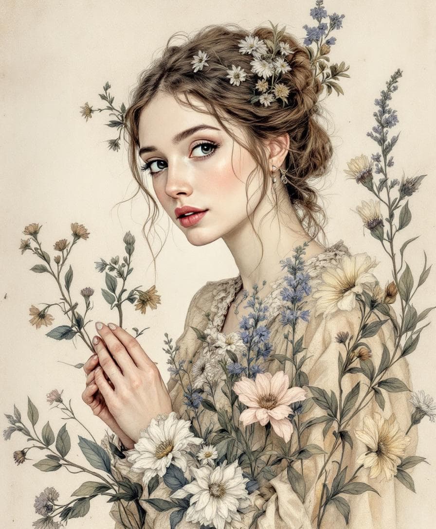AI generated: silverpoint drawing with watercolor wash, portrait of woman herbalist with pressed flowers, renaissa...