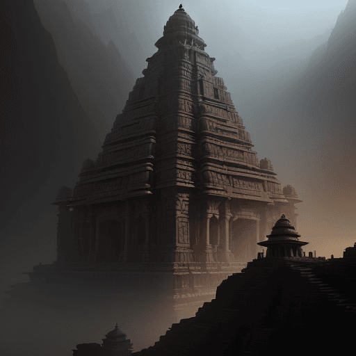 AI generated: colossal temple complexes, India :: india fort against a mountain, eerie mood, height perspective in...