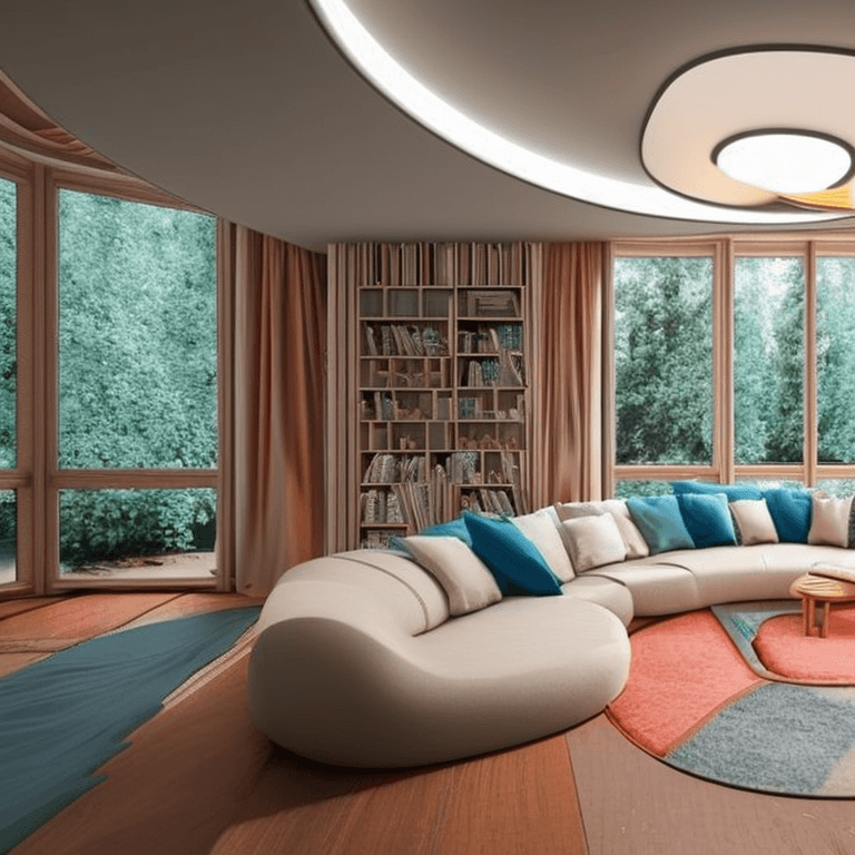 AI generated: high resolution photography interior design, dreamy sunken living room conversation pit, wooden floo...
