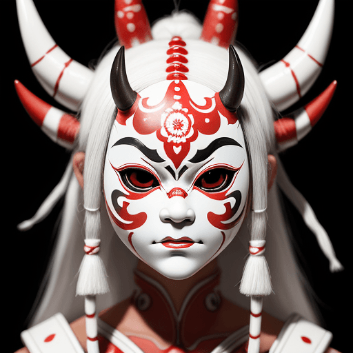 AI generated:  A photo closeup of a mask with white and red patterns on it featuring an Oni doll-style character d...