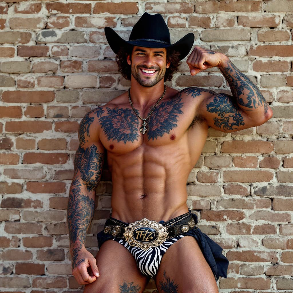 AI generated: Full body image, young Cowboy, muscular, heavily tattooed, chiseled face, chiseled jawline, brown cu...