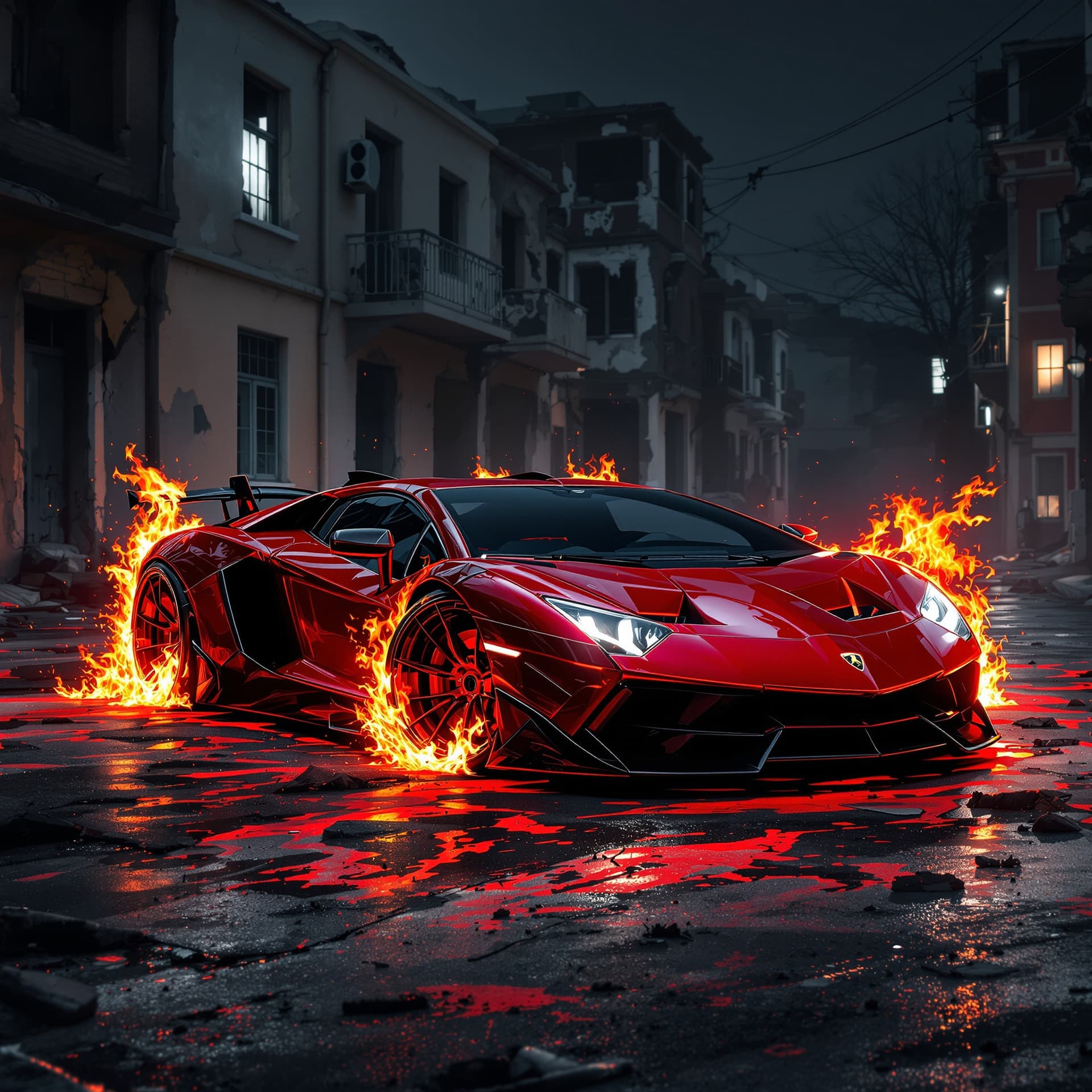 AI generated: a super glossy shiny candy red and black hypercar lamborghini has flames coming off of it's wheels i...