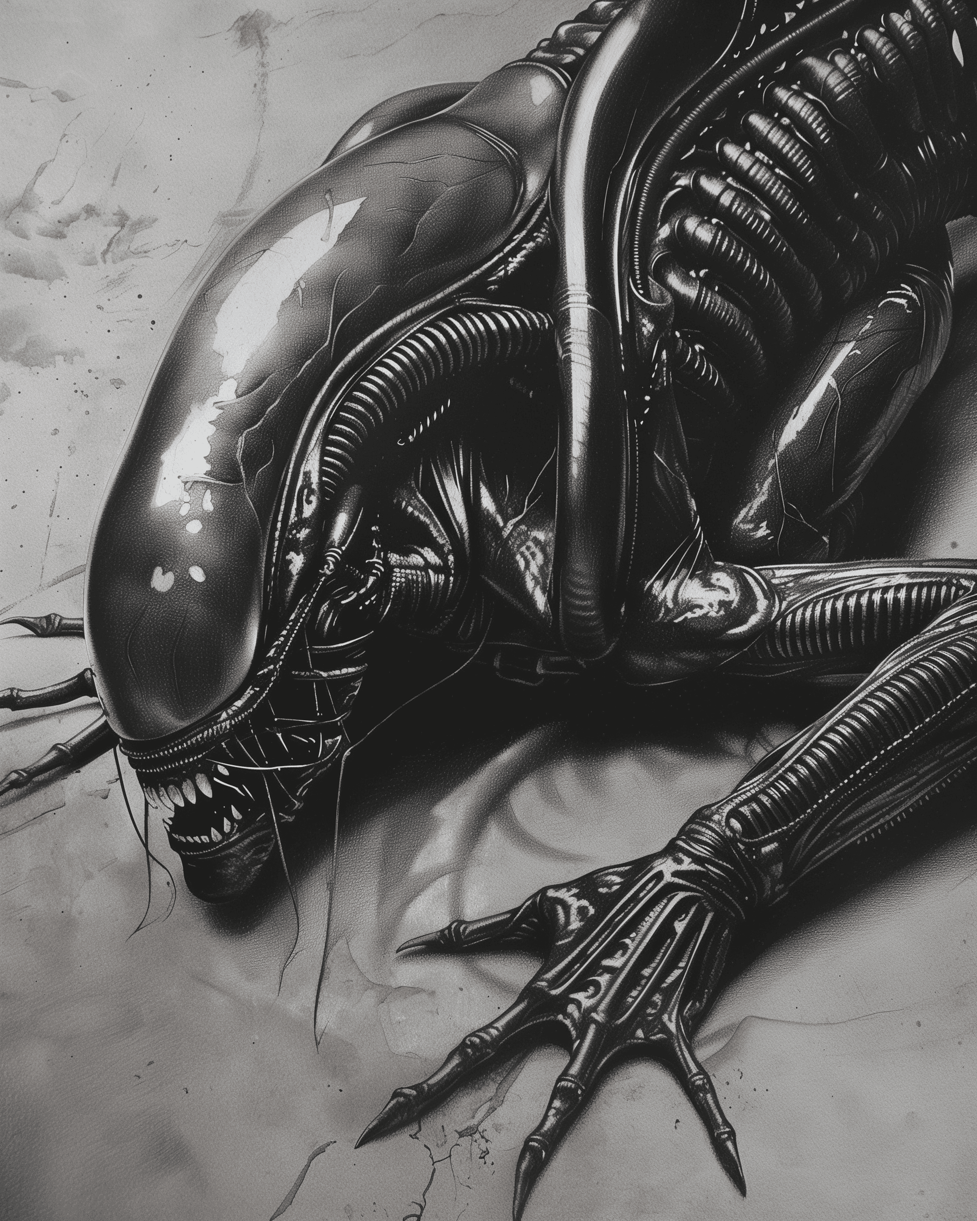 AI generated: high contrast pencil drawing by David Finch comicbook style rendering. alien xenomorph laying on its...