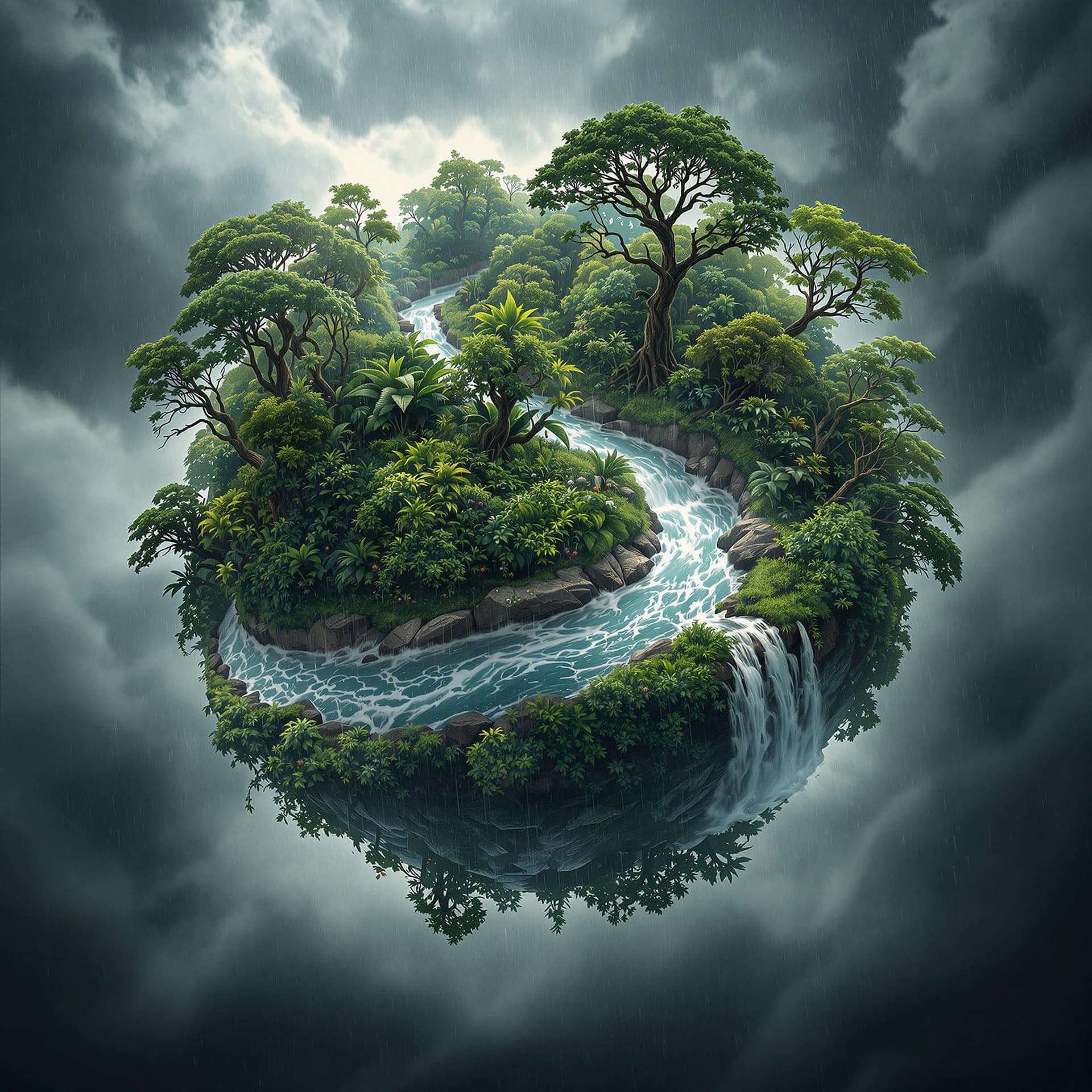 AI generated: A floating microplanet reveals a dense jungle, its surface overgrown with thick vines and towering t...
