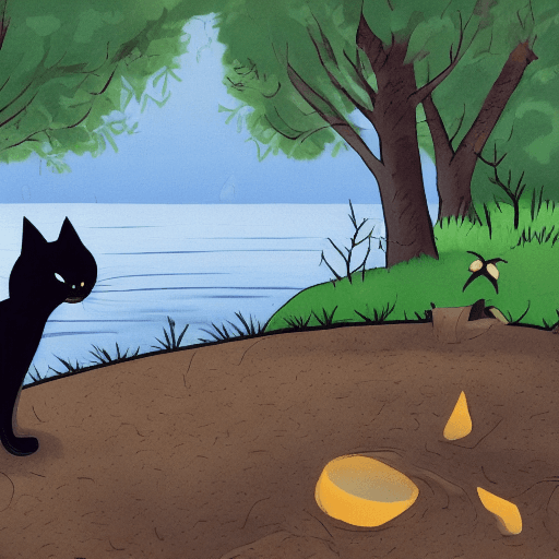 AI generated: illustration black cat that woke up in the forest, looks outside of the tent and sees the lake