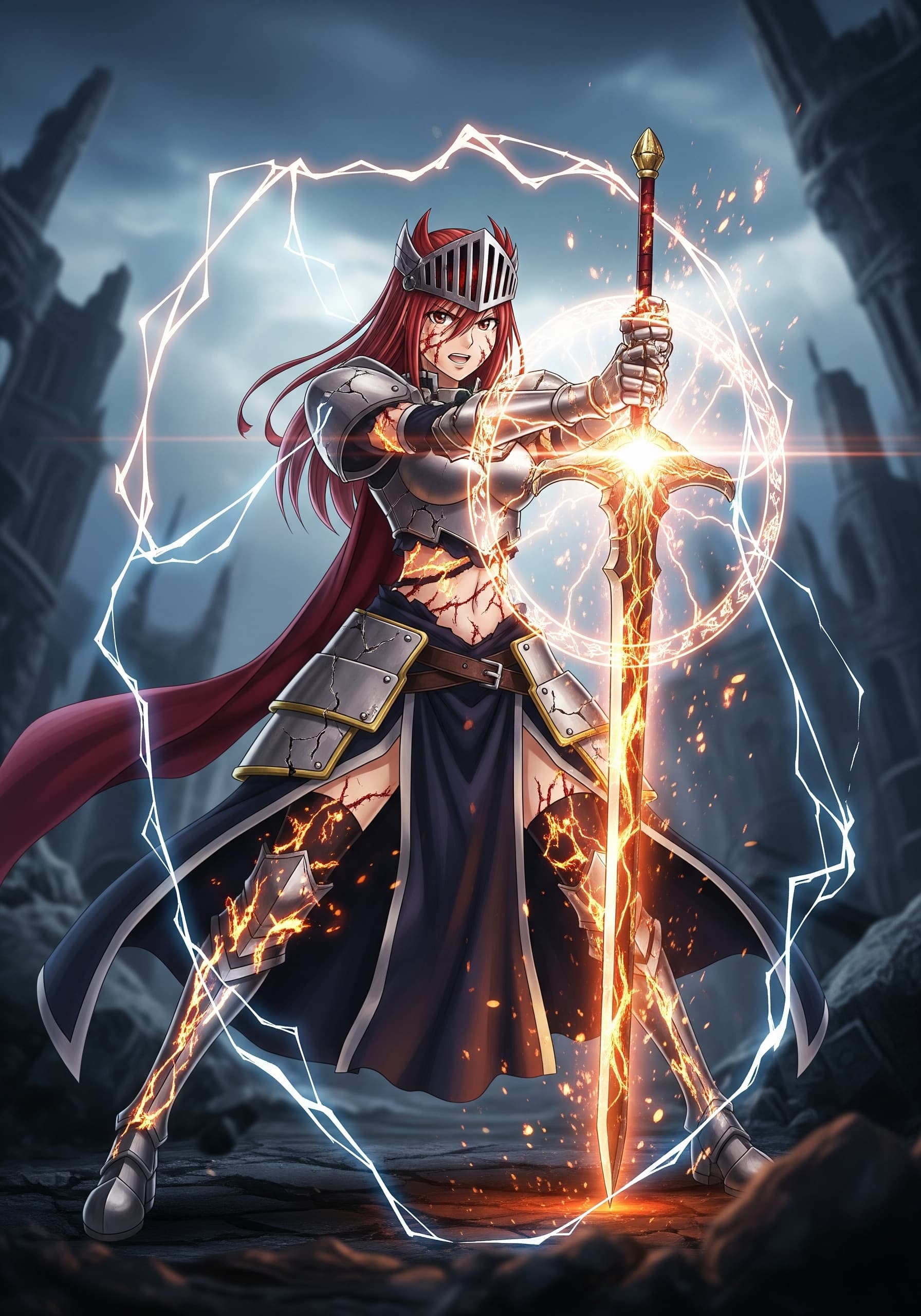 AI generated: Ein fotorealistisches und dramatisch-atmosphärisches Bild von Erza Scarlet als 'The Last Requip', da...
