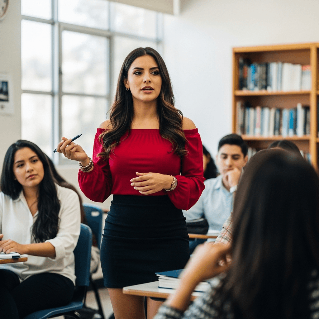 AI generated: busty mexican in off shoulder top and mini black skirt, teaching at university