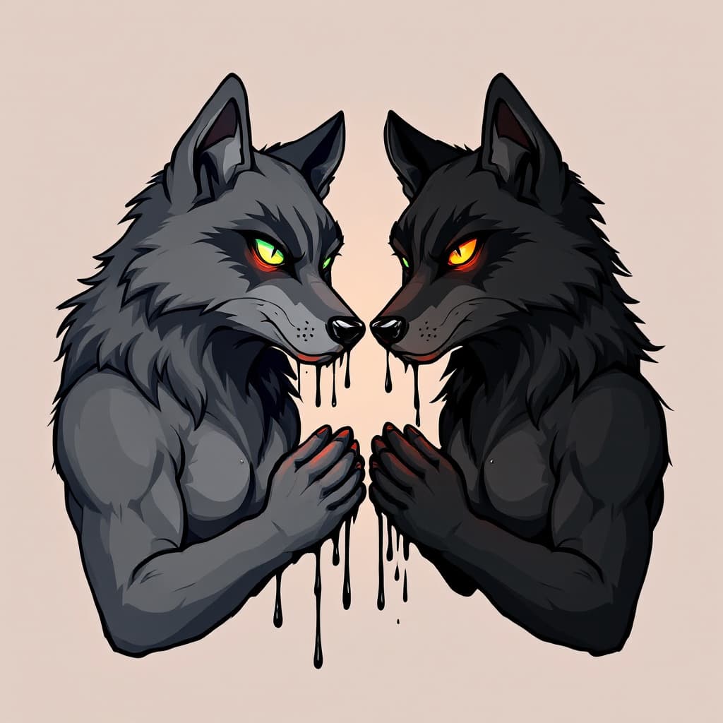 AI generated: Two Black Wolf almost toony full body fursonas with dark gray, closer to black, highlights. It also ...