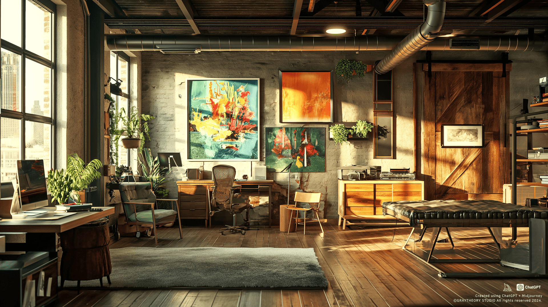 AI generated: Candid view, design studio, Canon EOS 5D Mark IV, 35mm f/2 lens, mid-century modern, wood and metal ...