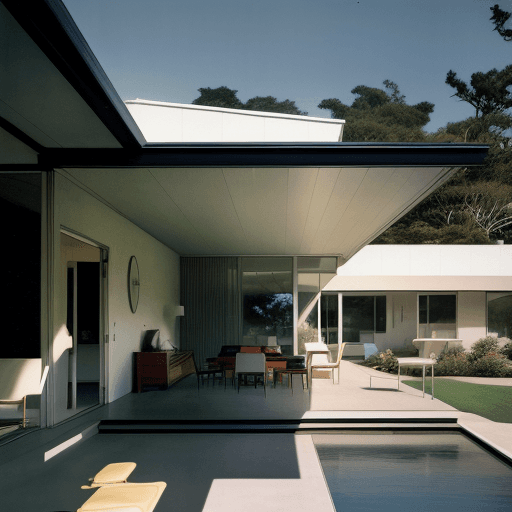 AI generated: Hyper realistic eye level exterior photo of a mid century modern style house overlooking the ocean, ...
