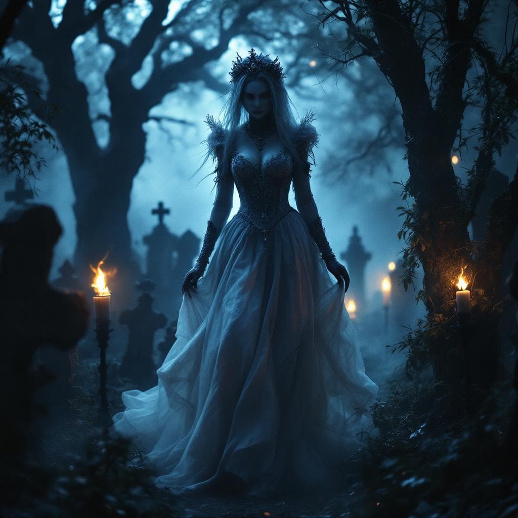 AI generated: “Victorian ghost bride walking through a misty graveyard, candlelight glow, gothic texture, cinemati...