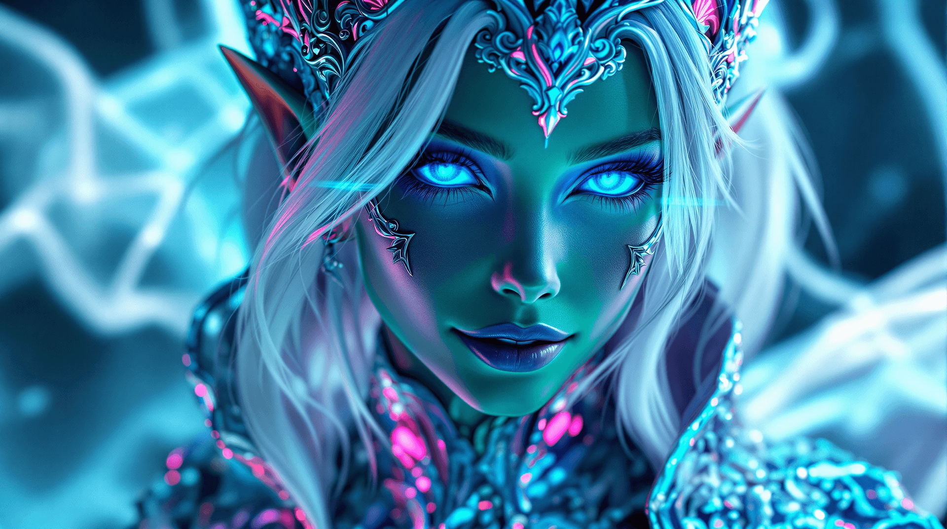 AI generated: Close-up portrait of a young, green shiny-skinned female figure, with striking, glowing blue eyes an...