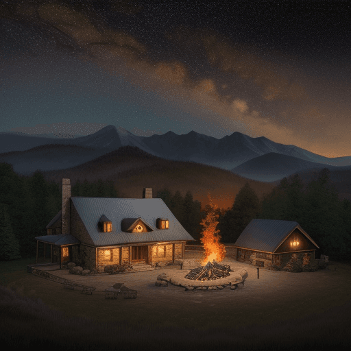 AI generated: Hyper realistic fire exterior photo of a country style scene overlooking the mountains, night with s...