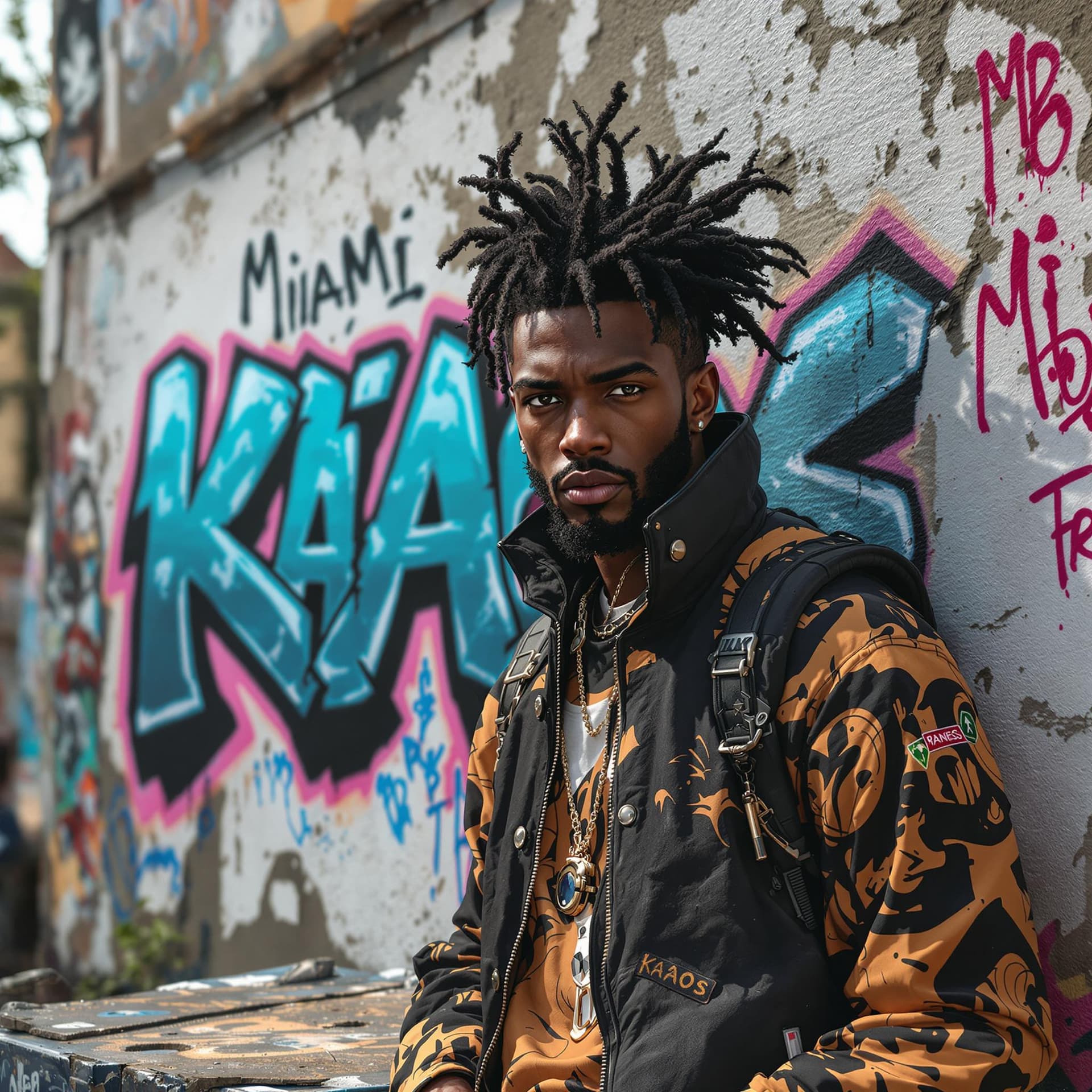 AI generated: realistic african american graffiti anime character in urban environment with a high worn wall behin...