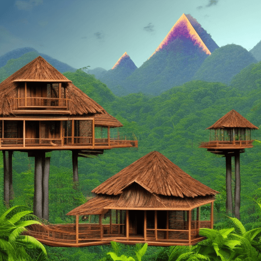 AI generated: black and blue marble house, wooden structure, jungle vibe, sunset at the lefts side, mountains back...