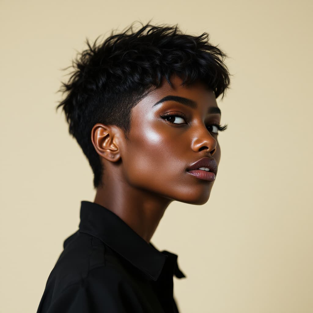 AI generated: hair photography, black woman, pixie cut hair, black  color, ivory hue background, studio lighting s...