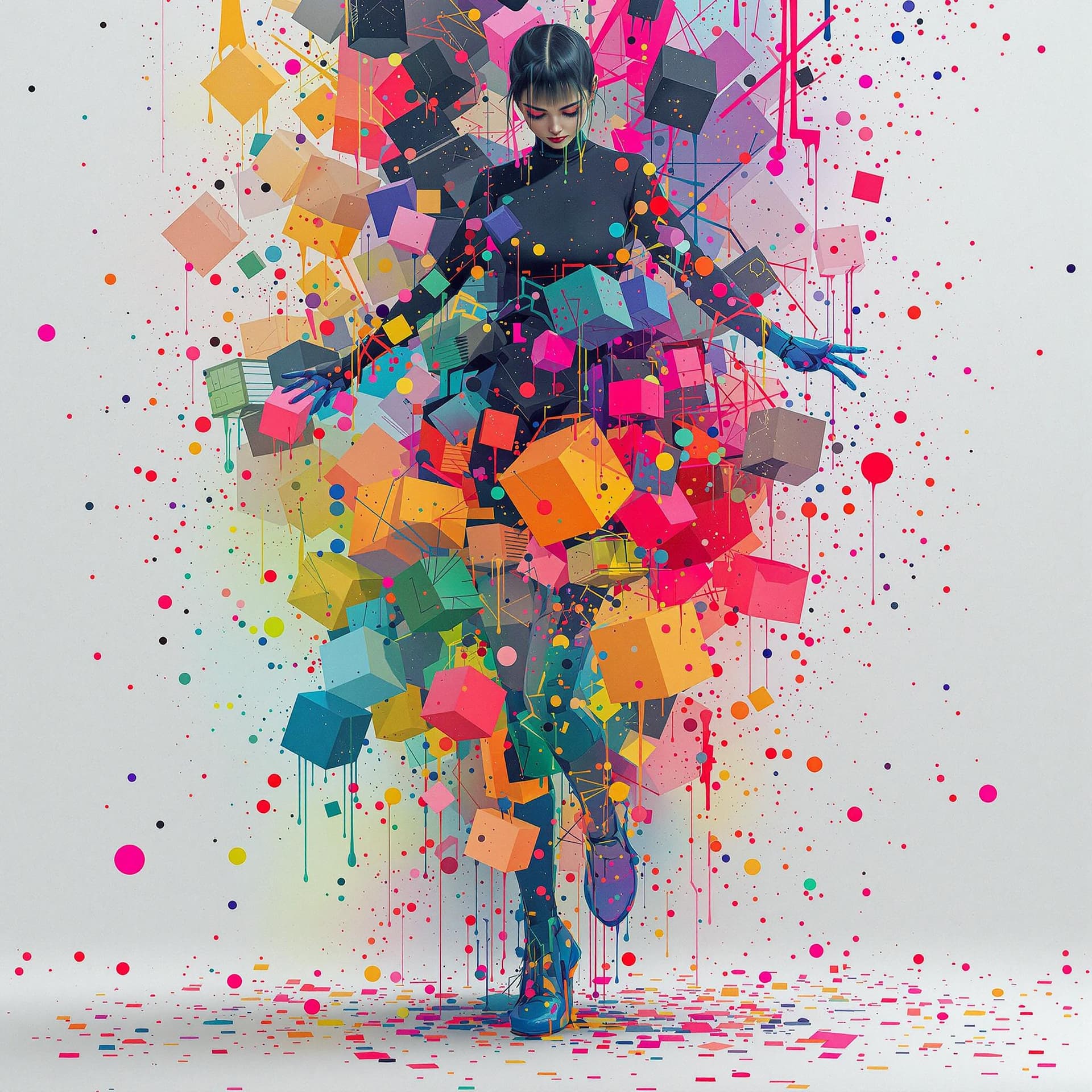 AI generated: minimalistic electro music album cover, perfect cubes, hyper detailsabstract dancing girl, colorful,...