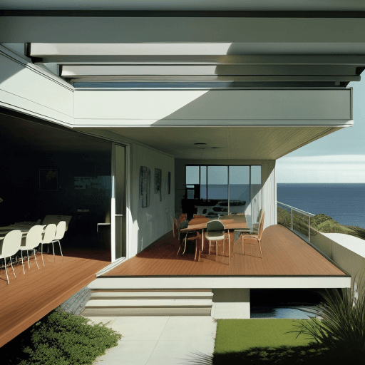 AI generated: Hyper realistic eye level exterior photo of a mid century modern style house overlooking the ocean, ...