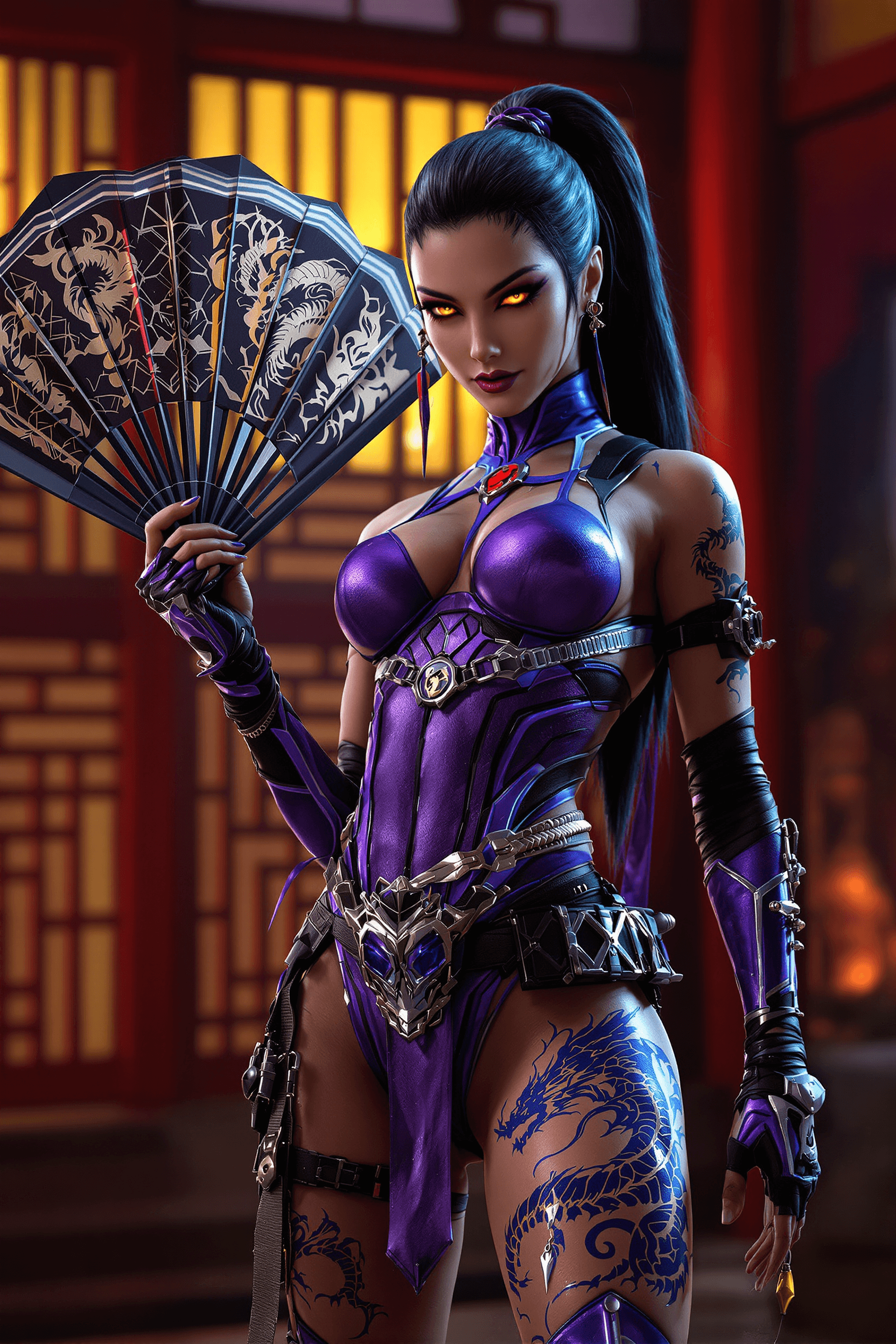 AI generated: Ultra realistic cyberpunk Kitana Mortal Kombat character wearing a sleek and battle ready cyberpunk ...