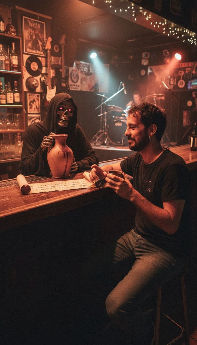 AI generated: Quiero que me des al tipo de las imágenes en un bar de Rock and roll bebiendo con la muerte. Quiero ...