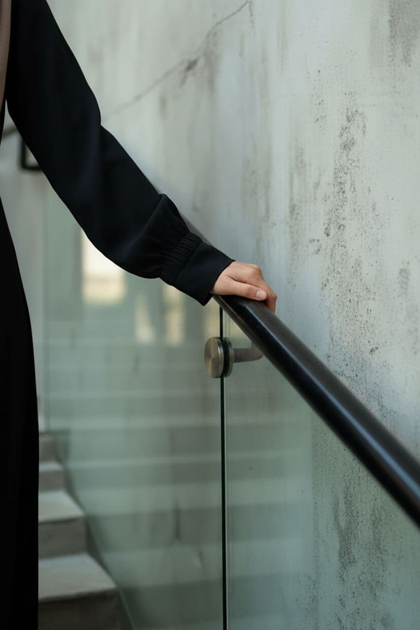 AI generated: Close-up of a woman’s hand in a black sleeve gently holding a 2cm x 2cm black metal handrail, seamle...